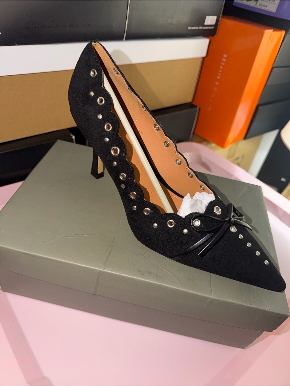 Black Studded Pointed Toe Heels with Bow